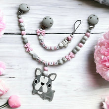 Lade das Bild in den Galerie-Viewer, Schnullerkette mit Namen Set Silikon Mädchen Kinderwagenkette rosa weiß