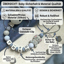 Lade das Bild in den Galerie-Viewer, Schnullerkette mit Namen für Jungen personalisiert blau grau Silikon Elefant