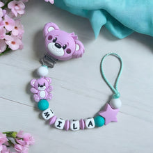 Lade das Bild in den Galerie-Viewer, Schnullerkette mit Namen Mädchen personalisiert rosa türkis Bär