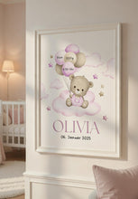 Load image into Gallery viewer, Geburtsposter Kinderzimmer Bild Poster Wanddeko Babyzimmer Dekoration Mädchen personalisiert mit Namen