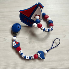 Lade das Bild in den Galerie-Viewer, Schnullerkette mit Namen Set Junge blau root maritim