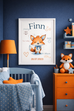 Load image into Gallery viewer, Geburtsposter Kinderzimmer Bild Poster Junge Wanddeko Babyzimmer Dekoration personalisiert mit Namen Fuchs