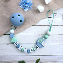Lade das Bild in den Galerie-Viewer, Schnullerkette personalisiert Silikon Junge blau mint