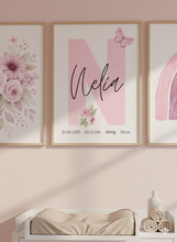Load image into Gallery viewer, Kinderzimmer Bilder 3 Poster Set Wanddeko Babyzimmer Dekoration Mädchen rosa Blumen Regenbogen