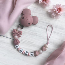 Lade das Bild in den Galerie-Viewer, Schnullerkette Nuckelkette mit Namen Mädchen rosa altrosa Maus Herz Silikon