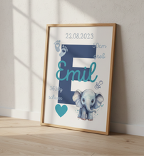 Load image into Gallery viewer, Geburtsposter Kinderzimmer Bild Poster Junge Wanddeko Babyzimmer Dekoration personalisiert mit Namen Elefant