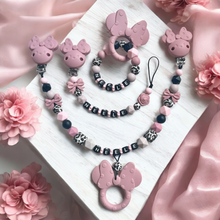 Lade das Bild in den Galerie-Viewer, Schnullerketten Set mit Namen Mädchen personalisiert Silikon schwarz altrosa Leo