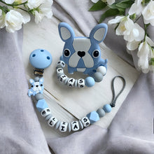 Lade das Bild in den Galerie-Viewer, Schnullerkette Set mit Namen Junge personalisiert blau grau