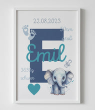 Load image into Gallery viewer, Geburtsposter Kinderzimmer Bild Poster Junge Wanddeko Babyzimmer Dekoration personalisiert mit Namen Elefant