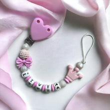 Carica l'immagine nel visualizzatore di Gallery, Schnullerkette Schnullerhalter Nuggikette mit Namen Mädchen rosa Krone