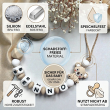 Carica l'immagine nel visualizzatore di Gallery, Schnullerkette mit Namen Mädchen Junge Silikon beige weiß