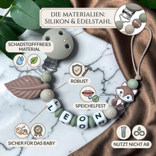 Load image into Gallery viewer, Schnullerkette mit Namen Junge Mädchen personalisiert Silikon Fuchs