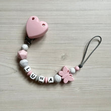 Lade das Bild in den Galerie-Viewer, Schnullerkette personalisiert mit Namen Mädchen Silikon rosa weiß