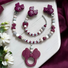 Lade das Bild in den Galerie-Viewer, Schnullerkette mit Namen Set Mädchen Silikon bordeaux personalisiert