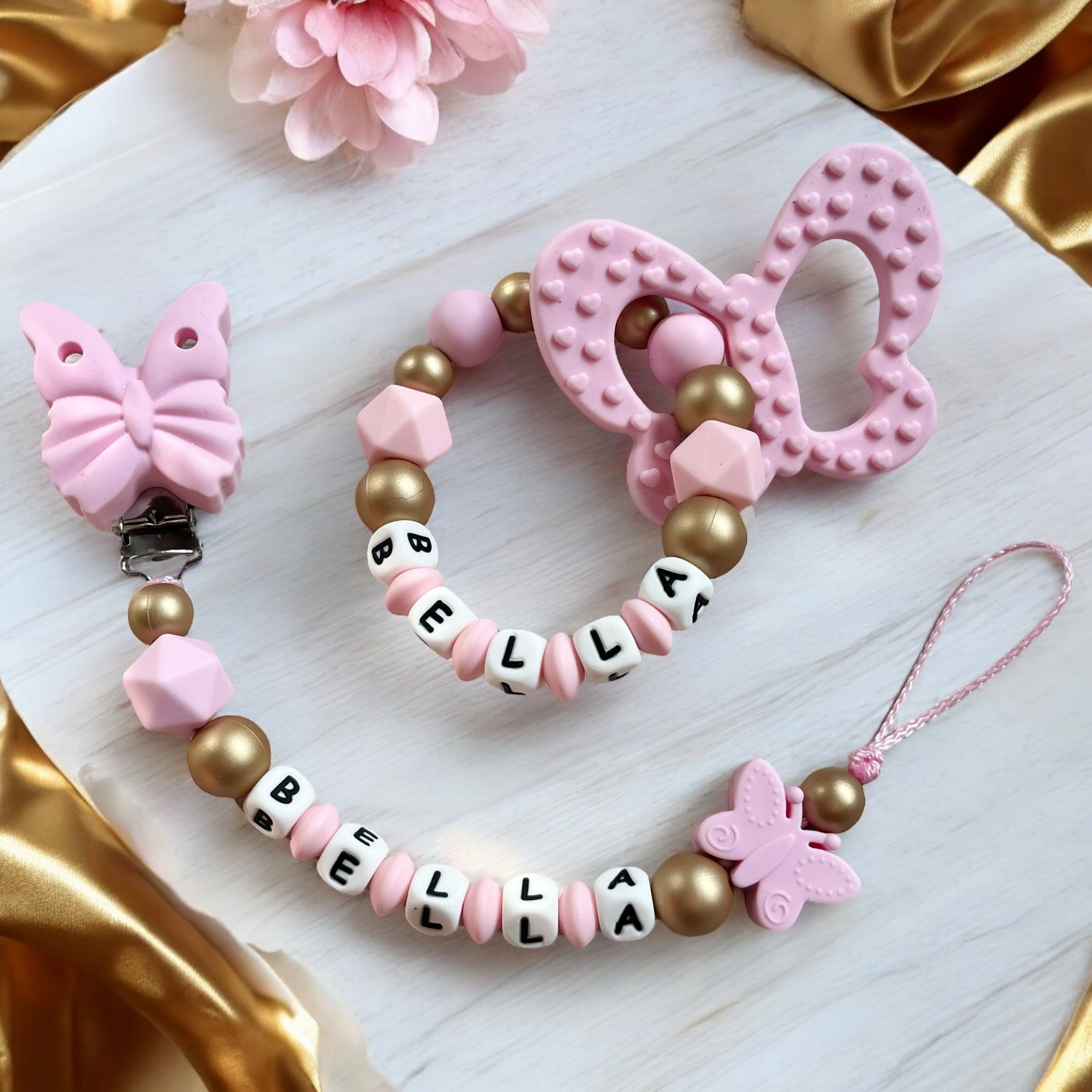 Schnullerkette Mit Namen Mädchen Personalisiert Rosa Türkis