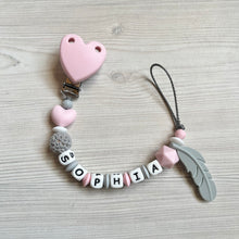 Lade das Bild in den Galerie-Viewer, Schnullerkette personalisiert mit Namen Mädchen Silikon rosa weiß