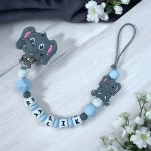 Lade das Bild in den Galerie-Viewer, Schnullerkette Junge mit Namen Silikon Elefant grau blau personalisiert Baby Geschenk Kette Schnuller