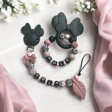 Lade das Bild in den Galerie-Viewer, Schnullerkette Set mit Namen Mädchen personalisiert schwarz altrosa Leo Silikon