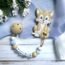 Lade das Bild in den Galerie-Viewer, Beißkette Zahnungskette personalisiert mit Namen Silikon beige blau