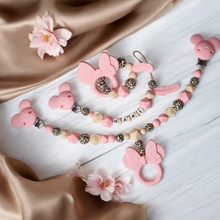 Lade das Bild in den Galerie-Viewer, Schnullerkette Set mit Namen Mädchen Silikon rosa beige leo