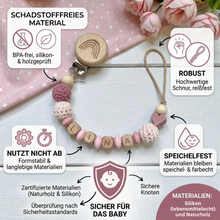 Charger l'image dans la galerie, Schnullerkette mit Namen personalisiert Mädchen rosa Regenbogen