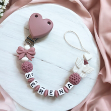 Lade das Bild in den Galerie-Viewer, Schnullerkette personalisiert mit Namen Mädchen weiß altrosa Herz Silikon