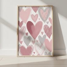 Load image into Gallery viewer, Kinderzimmer Bilder 3 Poster Set Wanddeko Babyzimmer Dekoration Mädchen rosa Katze Herzen