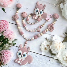 Lade das Bild in den Galerie-Viewer, Schnullerkette Set Mädchen altrosa Holz Kinderwagenkette Greifring