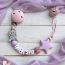 Lade das Bild in den Galerie-Viewer, Baby Schnullerkette mit Namen Mädchen Silikon Elefant