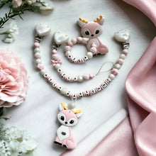 Lade das Bild in den Galerie-Viewer, Schnullerkette Greifring Greifling Kinderwagenkette Set Mädchen Silikon rosa Reh
