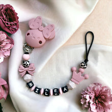 Lade das Bild in den Galerie-Viewer, Schnullerkette mit Namen Mädchen Silikon schwarz rosa Minnie Maus Krone