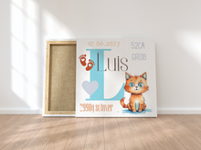 Lade das Bild in den Galerie-Viewer, Personalisiertes Kinderzimmer Bild mit Namen Baby Türkis Katze