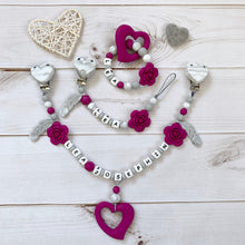 Lade das Bild in den Galerie-Viewer, Schnullerkette Set mit Namen Silikon Mädchen rosa weiß Herz