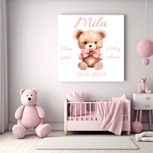 Lade das Bild in den Galerie-Viewer, Personalisiertes Kinderzimmer Bild mit Namen Baby rosa Bär Mädchen