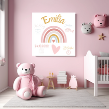 Lade das Bild in den Galerie-Viewer, Personalisiertes Kinderzimmer Bild mit Namen Baby rosa Regenbogen