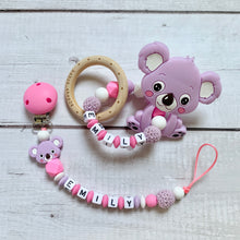 Lade das Bild in den Galerie-Viewer, Schnullerkette mit Namen Mädchen Set Silikon lila pink