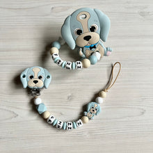 Lade das Bild in den Galerie-Viewer, Schnullerkette mit Namen Set Junge Hund beige hellblau