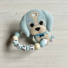 Lade das Bild in den Galerie-Viewer, Beißring Greifring Greifling mit Namen Junge Silikon hellblau beige