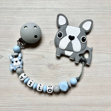 Lade das Bild in den Galerie-Viewer, Beißkette mit Namen Silikon Junge personalisiert Baby Geschenk mit Namen blau grau 
