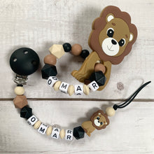 Lade das Bild in den Galerie-Viewer, Schnullerketten Set mit Namen Löwe Silikon beige schwarz braun