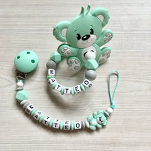 Lade das Bild in den Galerie-Viewer, Schnullerkette mit Namen Set Junge Bär mint grau