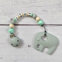 Lade das Bild in den Galerie-Viewer, Beißkette mit Namen Silikon grau mint Elefant