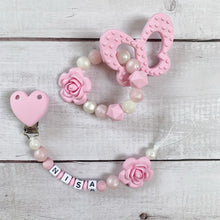 Lade das Bild in den Galerie-Viewer, Schnullerketten Beißring Set mit Namen rosa