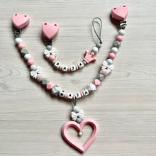Lade das Bild in den Galerie-Viewer, Schnullerkette Set mit Namen Silikon Mädchen Kinderwagenkette rosa weiß