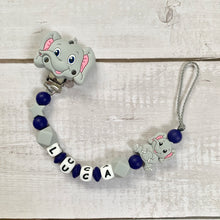 Load image into Gallery viewer, Schnullerkette mit Namen Silikon dunkelblau hellgrau Elefant