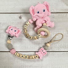 Load image into Gallery viewer, Schnullerkette+Beißring Set mit Namen Holz Silikon rosa Elefant