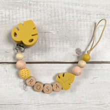 Load image into Gallery viewer, Schnullerkette mit Namen Silikon Holz natur gelb apricot