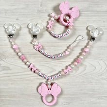 Lade das Bild in den Galerie-Viewer, Schnullerkette mit Namen Mädchen Set Silikon rosa Maus