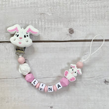 Load image into Gallery viewer, Schnullerkette mit Namen Silikon Mädchen rosa Hase