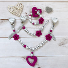 Lade das Bild in den Galerie-Viewer, Schnullerkette Set mit Namen Silikon Mädchen beere grau marmor